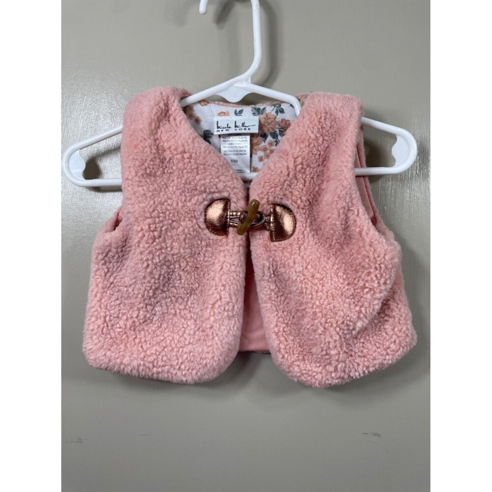 Nicole Miller Pink Faux Sherpa Toggle Vest Kids Size 6-9M Floral Lining Plush